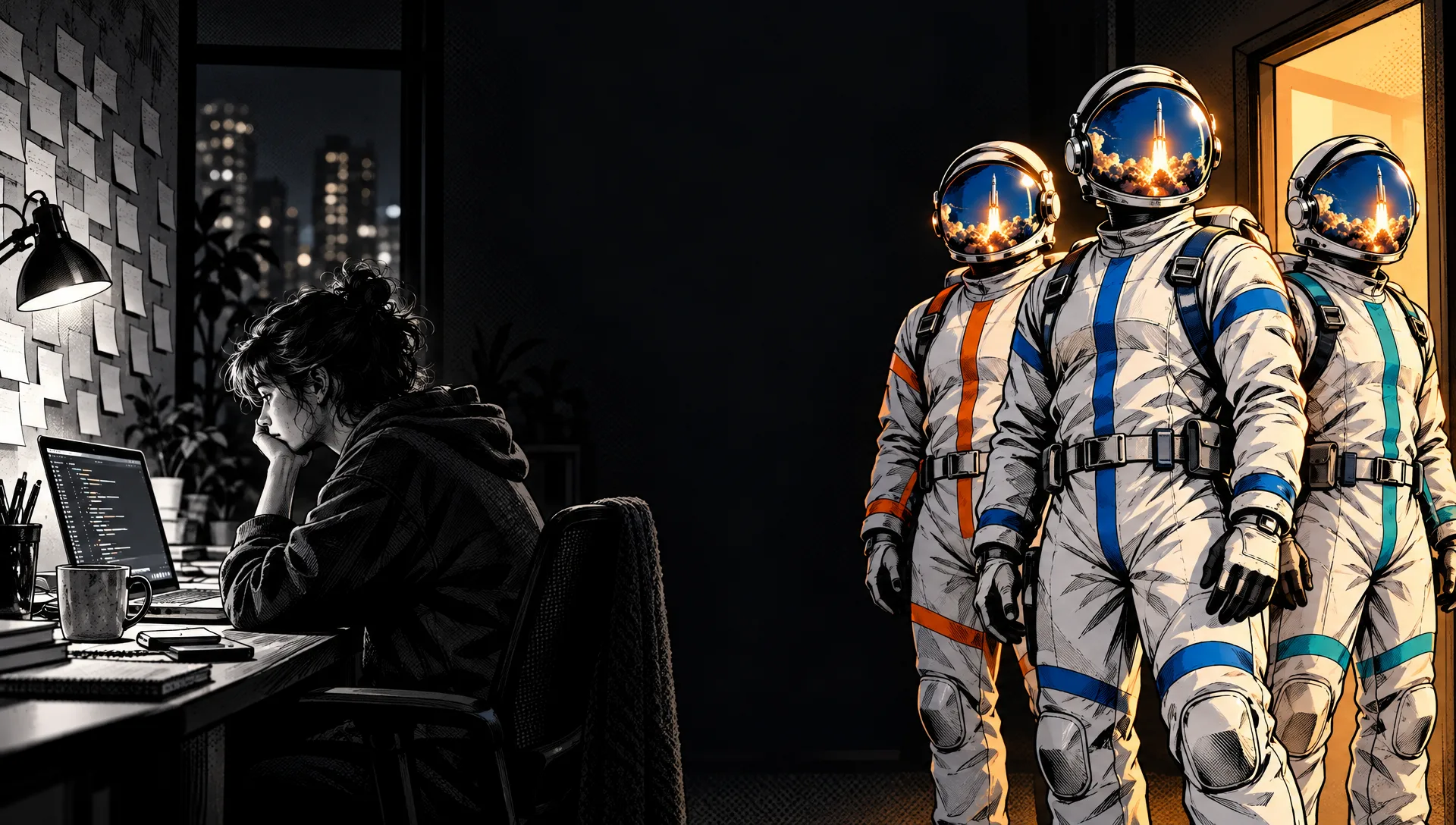 A founder alone at a desk late at night, and a crew of astronauts walking in through the door